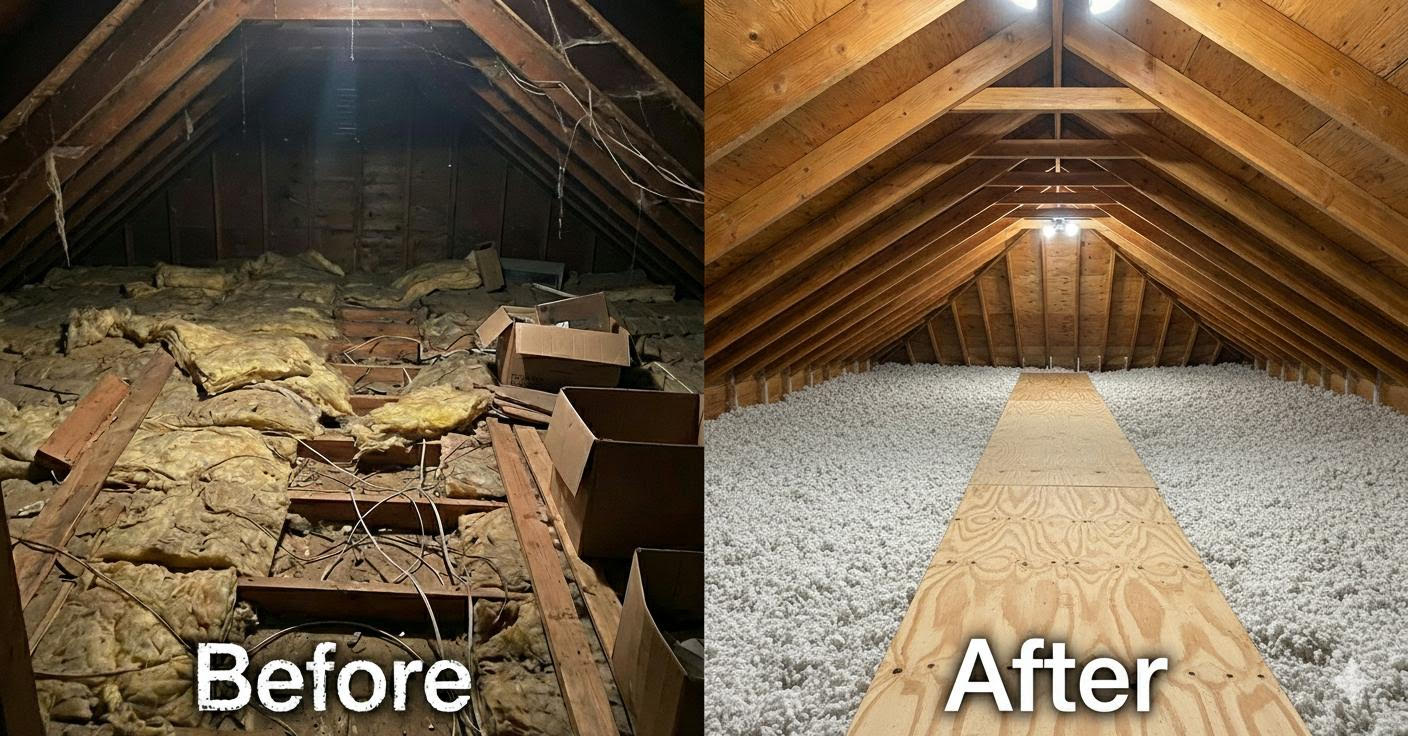 Before and after attic insulation removal — old contaminated insulation replaced with clean new material