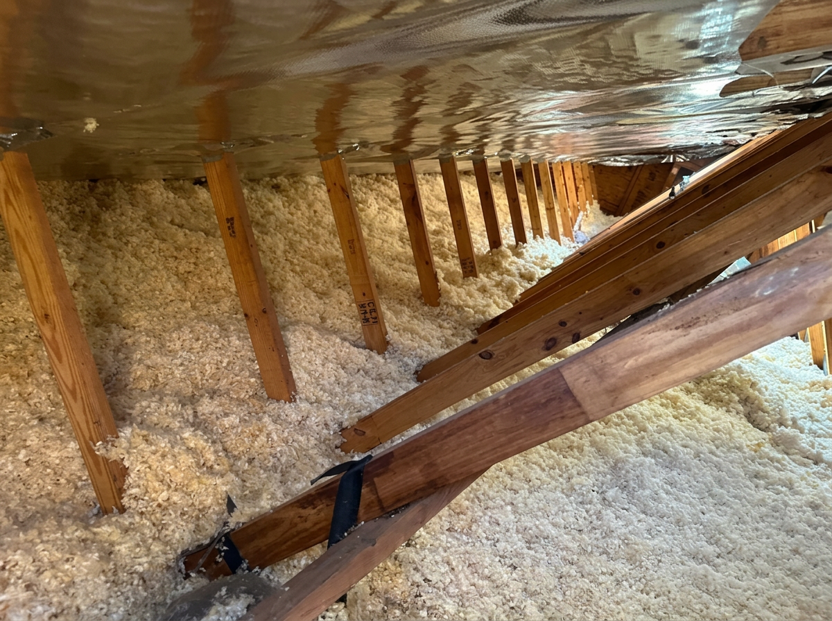 Reflective radiant barrier foil stapled across attic rafters in Ormond Beach FL home